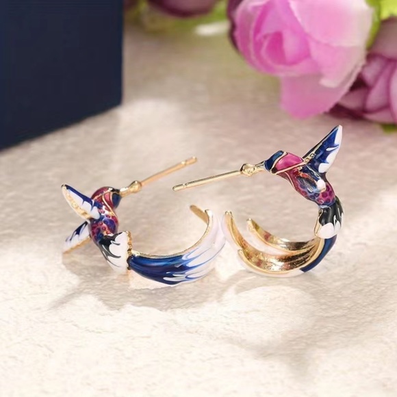Whimsical Hand Painted Blue and Purple Birds of Paradise Hoop Earrings - Picture 2 of 16
